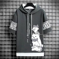 1+1 반팔 후드티 남자복 귀여운 캐릭터 고양이 패턴 캐주얼 학생 트레이닝 상의 빅사이즈 루즈핏 데일리복