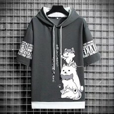 1+1 반팔 후드티 남자복 귀여운 캐릭터 고양이 패턴 캐주얼 학생 트레이닝 상의 빅사이즈 루즈핏 데일리복