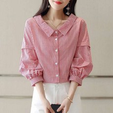 여성 체크 셔츠 퍼프소매 트렌디 루즈핏 카라넥 긴팔 단추 캐주얼 숏 셔츠