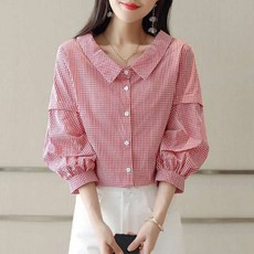 여성 체크 셔츠 퍼프소매 트렌디 루즈핏 카라넥 긴팔 단추 캐주얼 숏 셔츠